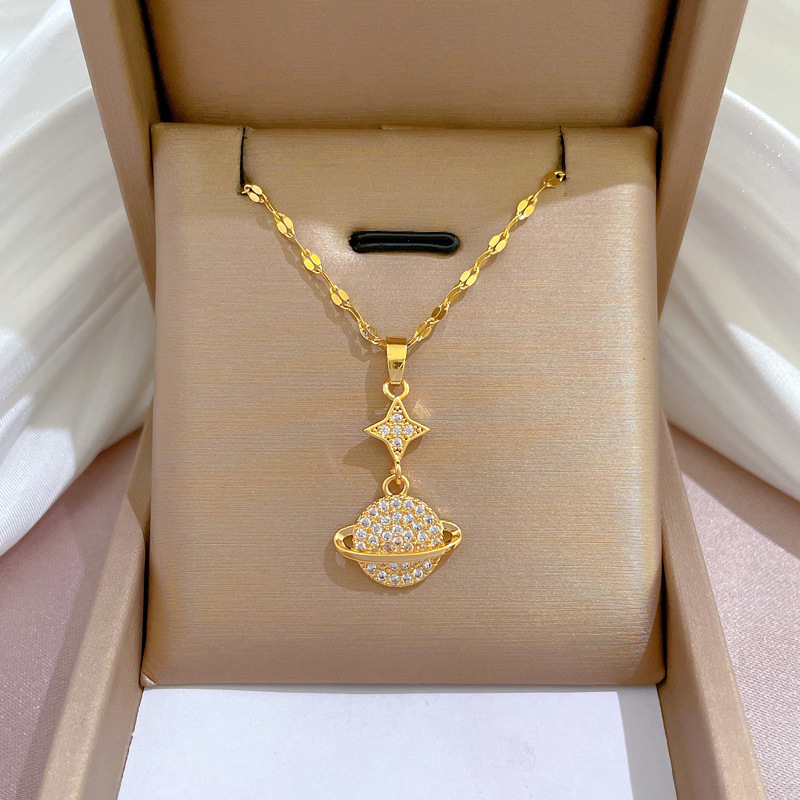 Planet Halskette Aus Echtem Gold Mit Diamanten Für Damen_voghion.com