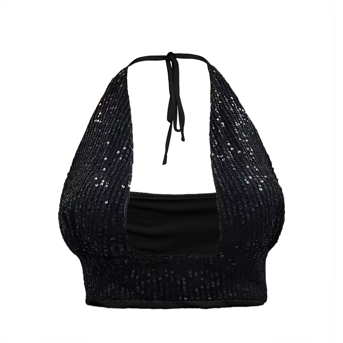 Women Sequin Halter Crop Top Deep V Neck Tie Back Zipper Back Sleeveless Glitter Party Club Camisole_ecoleips.com