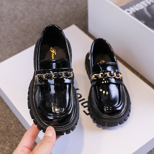 Princess-style girls' spring loafers, black leather shoes for little girls, trendy slip-on kids' single-layer shoes