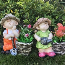 GJU8园林可爱小孩花盆摆件花缸造景人物阳台庭院装饰户外花园树脂