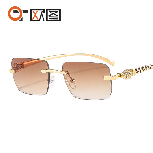 Colorful leopard head decoration frameless small square sunglasses fashion retro trend personality cross-border sunglasses 6060