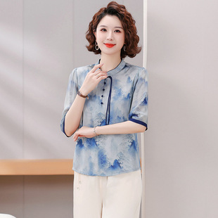 Middle-Aged Mother Summer New Chinese Style Short-Sleeved Shirt 2025 New Middle-Aged and Elderly Women's Summer Chiffon Shirt Top