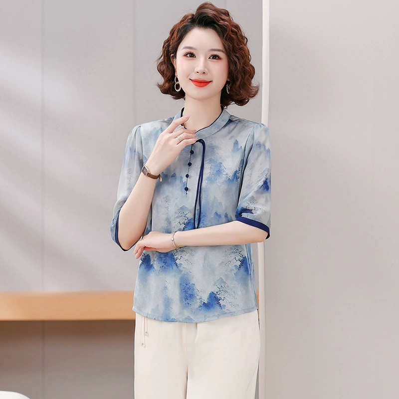 Летняя новая рубашка с короткими рукавами в китайском стиле для мам среднего возраста, новинка 2025 года, летняя шифоновая рубашка для женщин среднего и пожилого возраста, топ