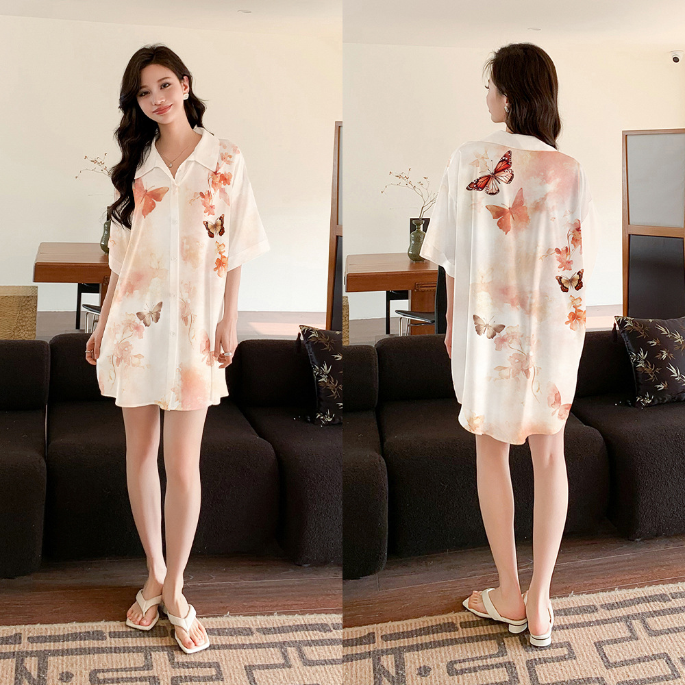 Yaoting nuevo pijama de gasa de satén para mujer Camisa de manga corta de verano camisón ropa de hogar suelta drapeada SQ3524