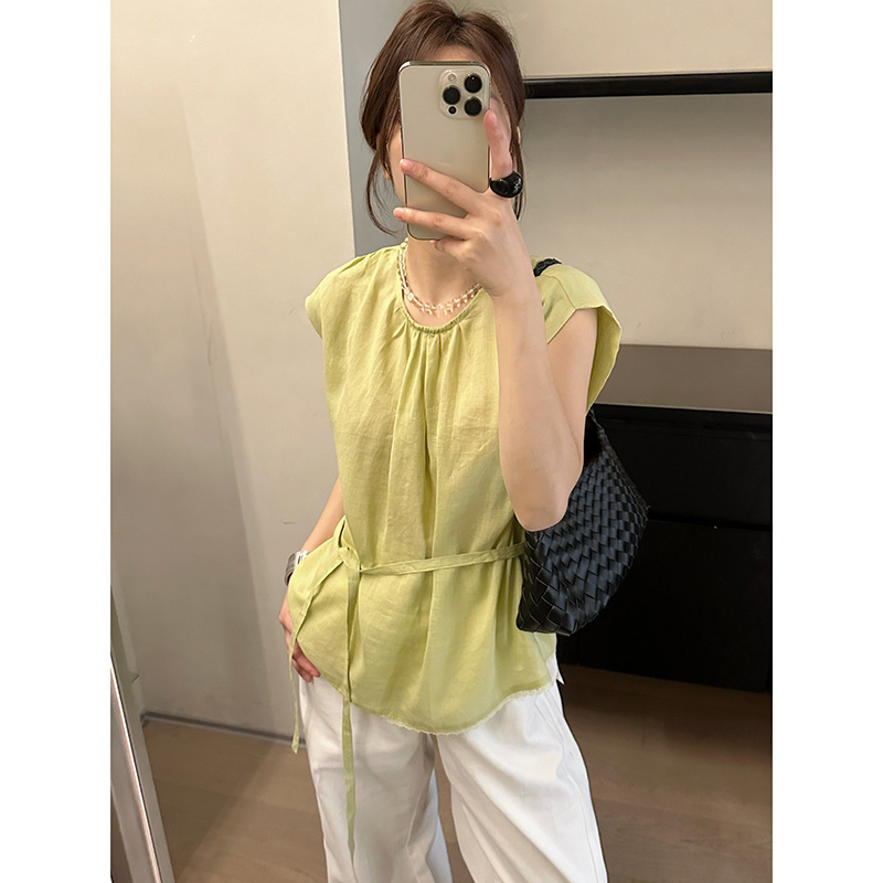 Mmc Dition Ramie Shirt Women's Summer New Style Thin Tie-Waist Slimming Stylish Sleeveless Top