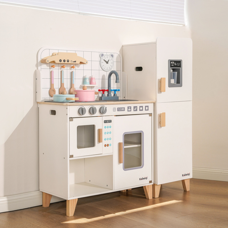 Nueva simulación de madera sonido y luz refrigerador cocina juguetes traje niños jugar casa papel jugar juguetes de cocina