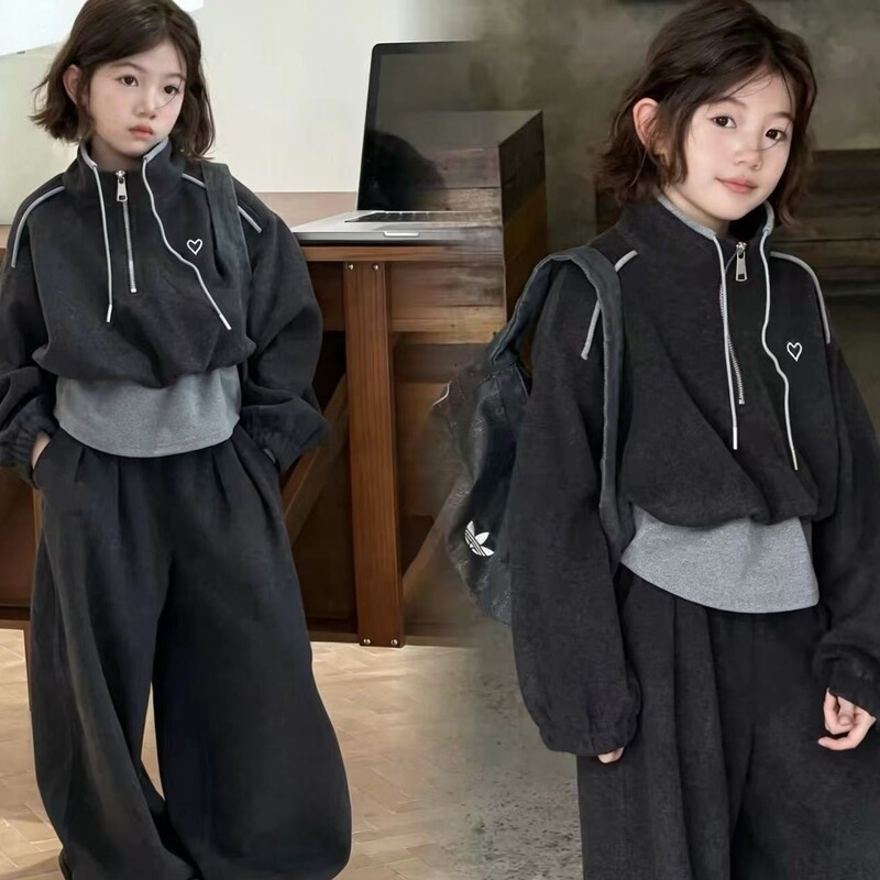 Bread Boy Children's Clothing 2026 New Half-Zip Faux Two-Piece Woolen-Feel Set