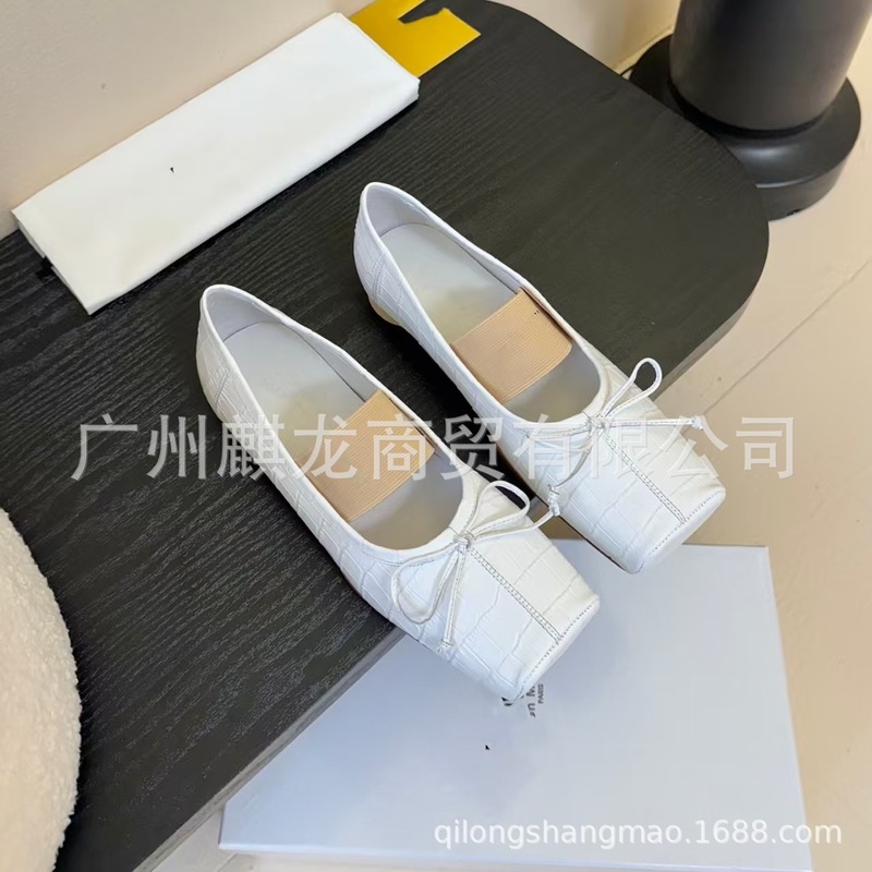 高端2025新款真皮方头复古蝴蝶结松紧弹力一字带平底芭蕾舞鞋单鞋|undefined