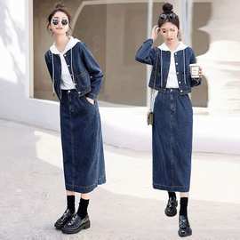气质三件套秋季减龄裙子高腰牛仔裙套装两件套长款春秋潮
