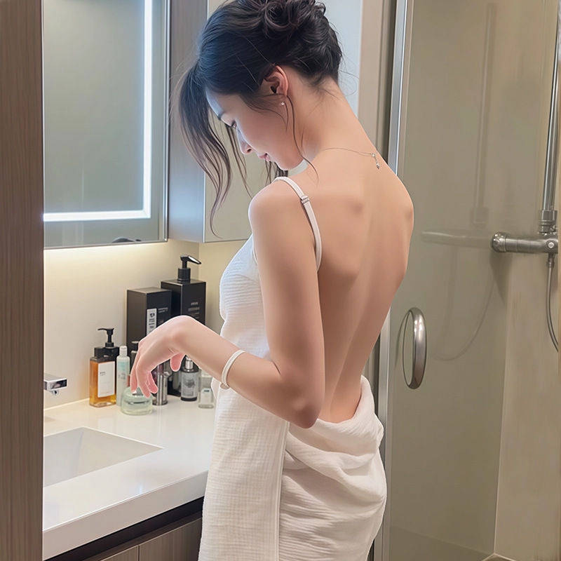 純綿しわ綿ガーゼパジャマ女性の夏と秋 2025 新しいハイエンドウェアラブルサスペンダーバスタオルバススカートバックレス夏|undefined