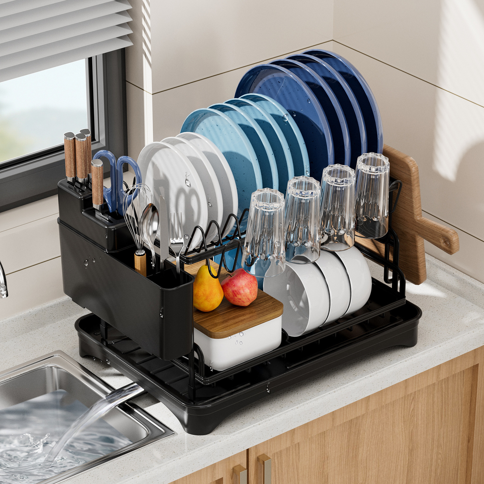 Nuevo tipo de cocina transfronteriza estante de platos de drenaje multifuncional estante de almacenamiento de palillos estante de almacenamiento de platos domésticos de doble capa