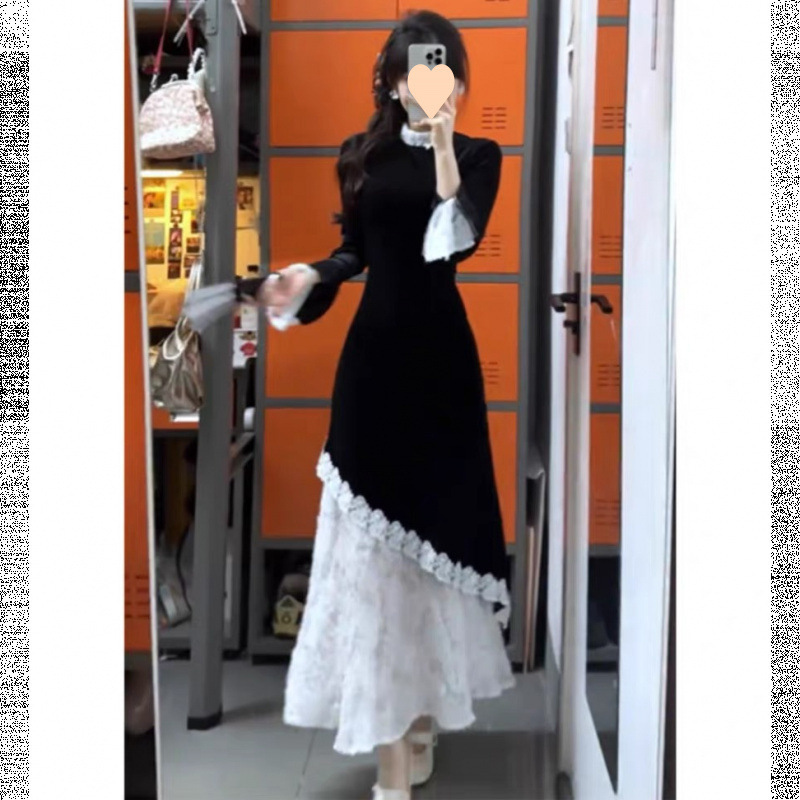 高级感新中式丝绒连衣裙女秋冬蕾丝拼接假两件旗袍裙长裙3314|undefined