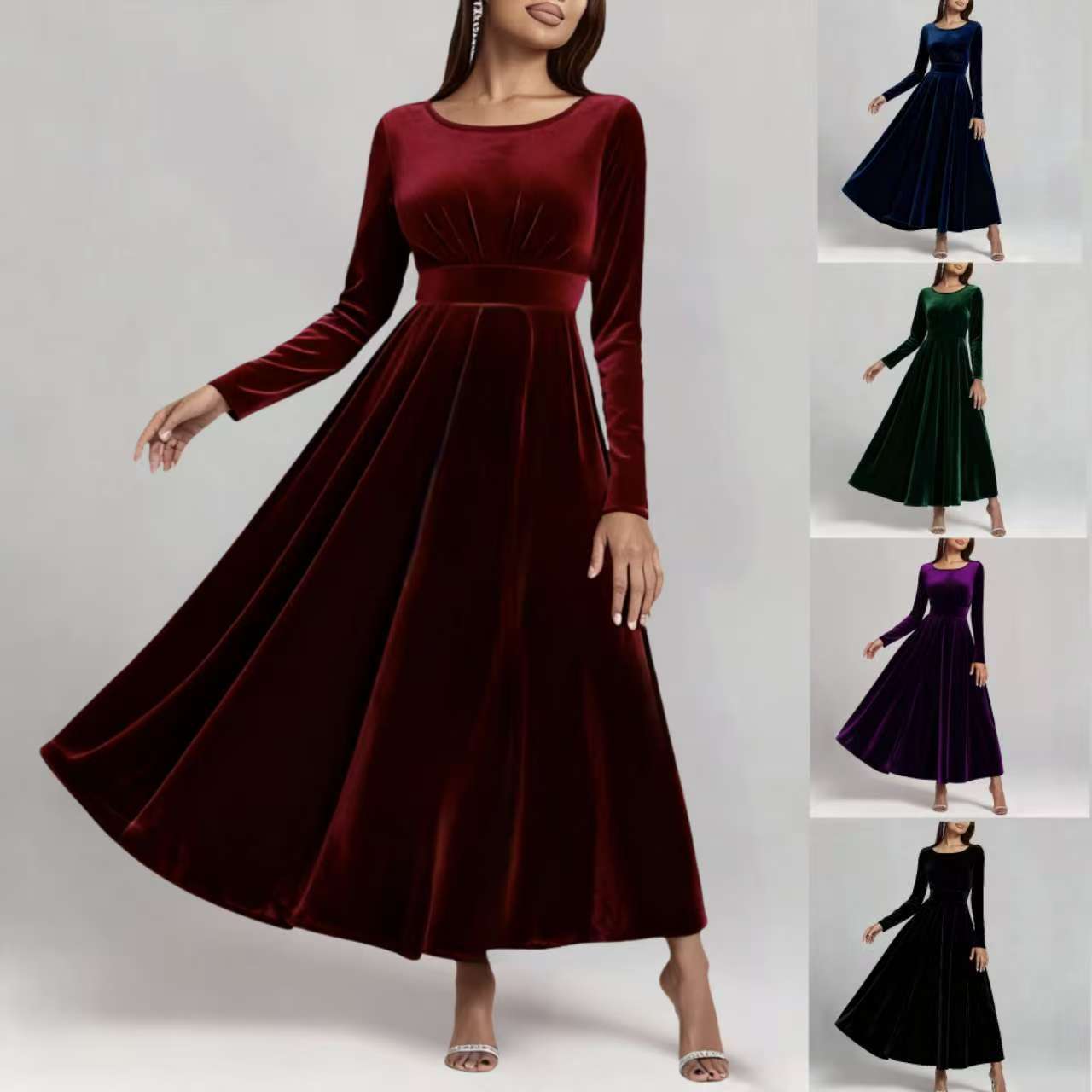 2026 Cross-Border Amazon Independent Platform Foreign Trade Plus-Size Women's Evening Gown Long Dress Gold Velvet Long-Sleeve Dress for Women