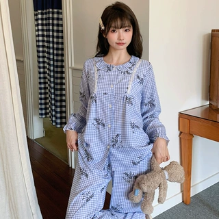秋冬季新款棉绸睡衣女长袖套装甜美可爱卡通花边少女感大码家居服