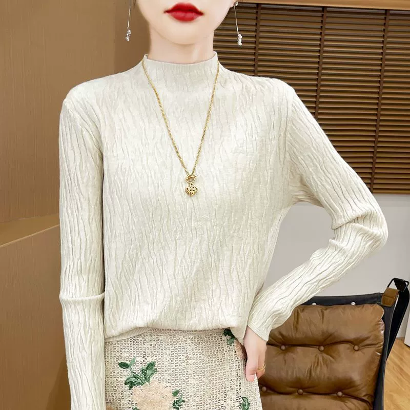 2024 Осень и зима с длинными рукавами из кожи дерева с тонкими рукавами свитер с водяным рисунком жаккардовый свитер с высоким воротником