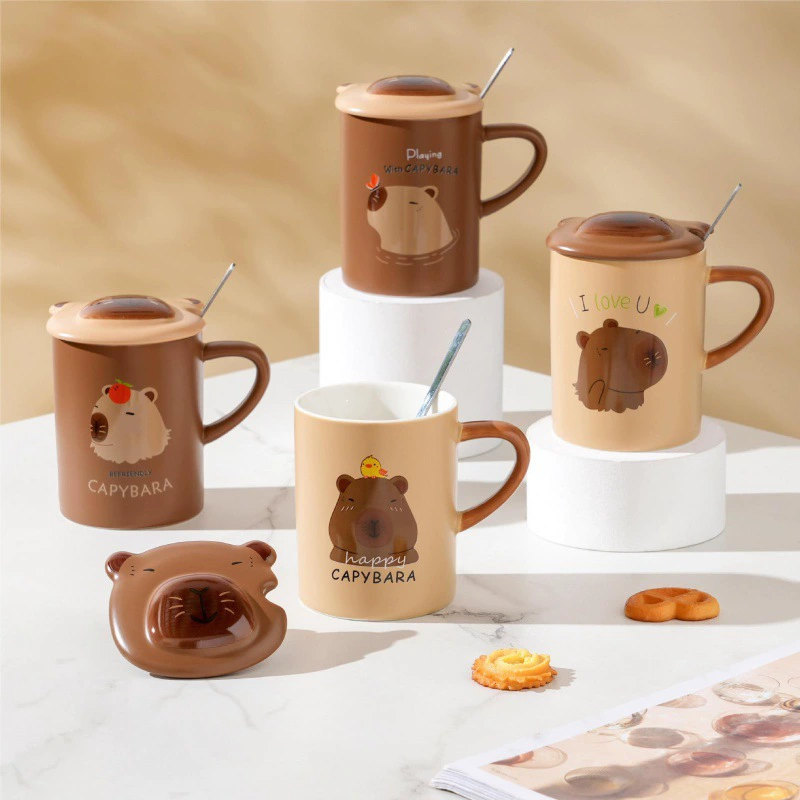 Керамическая кружка с крышкой Cute Capybara Mark, 400 мл, для офиса и дома