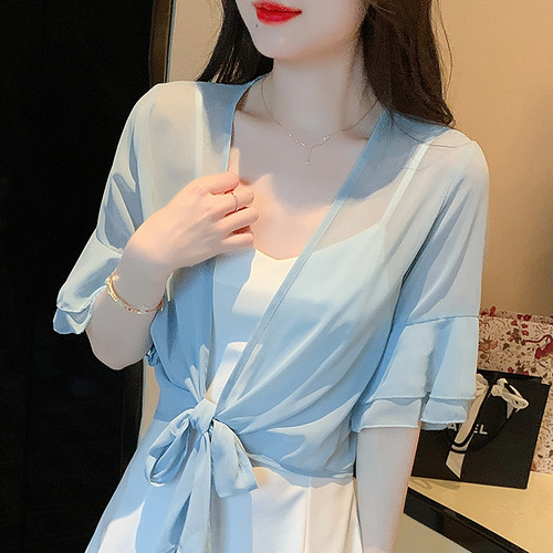 2024 summer thin small shawl short coat women's sun protection clothing versatile short small waistcoat chiffon cardigan air-conditioning shirt