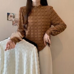 2024 autumn and winter new chubby girl plus size women's semi-high collar lace base shirt Maillard sanding coat