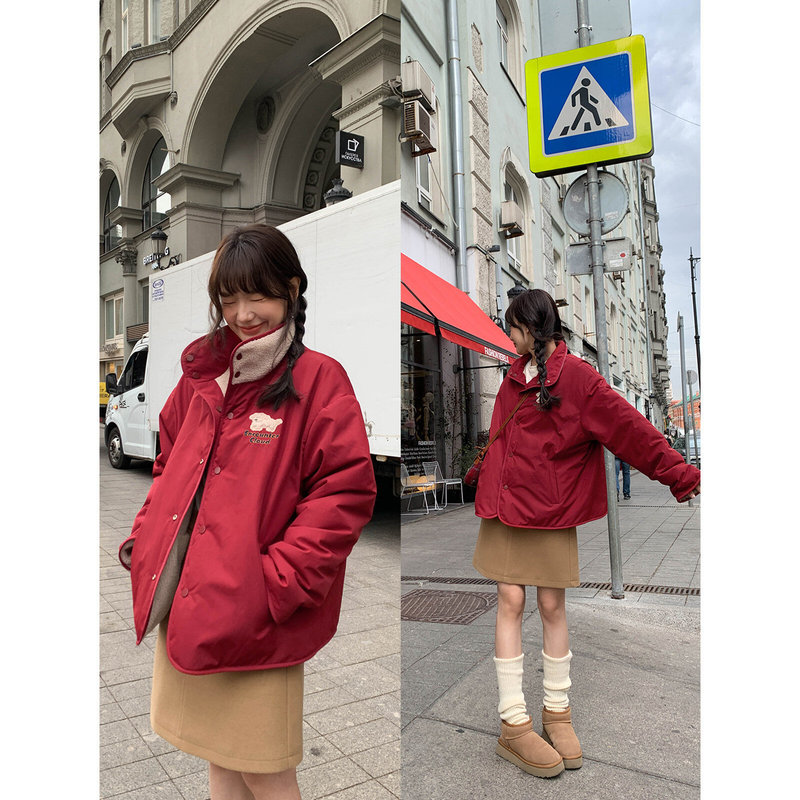 Reversible American-style stand-up collar jacket, women's new spring and autumn loose-fit, slimming, quilted cotton coat Reversible American-style stand-up collar jacket, women's new spring and autumn loose-fit, slimming, quilted cotton coat