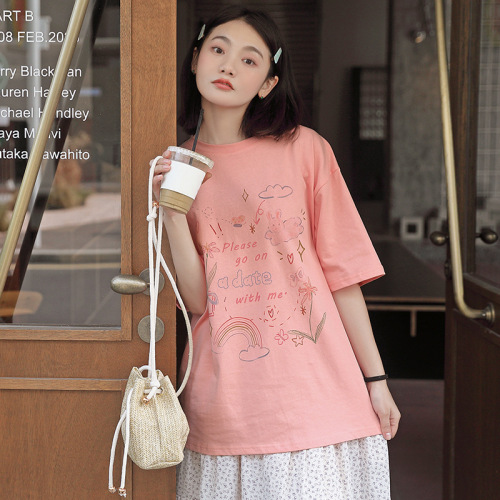 Royal Youthful Girl Cartoon Print Cotton Short-Sleeve T-Shirt for Women 2025 Spring Round Neck Tunic Top Fresh Style