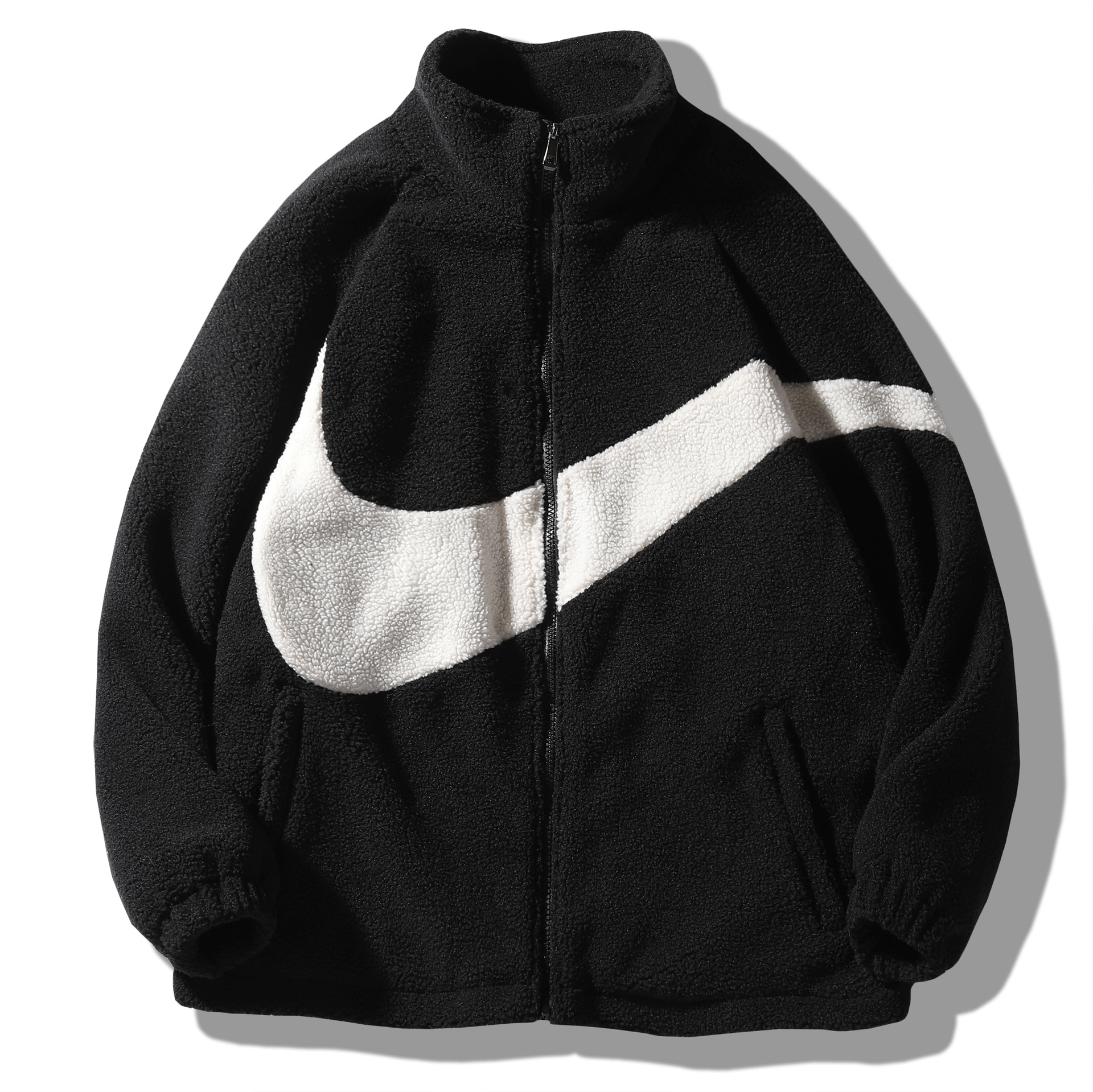 Sports plush for men with large hook stitching, double-sided plush, hooded, warm and trendy fleece jacket