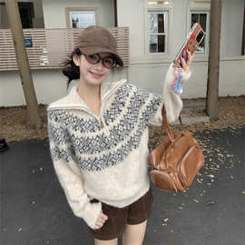 北欧费尔岛复古高领毛衣女韩版老钱风穿搭慵懒宽松拉链翻领针织衫