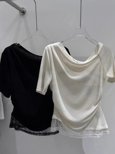 Shenzhen 2025 New Nanyou Women's European Design Splicing Lace Off-Shoulder Waist Top Short-Sleeved T-Shirt for Women