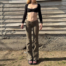 废土工装风做旧设计感灯芯绒紧身微喇裤2025秋季新款低腰辣妹长裤