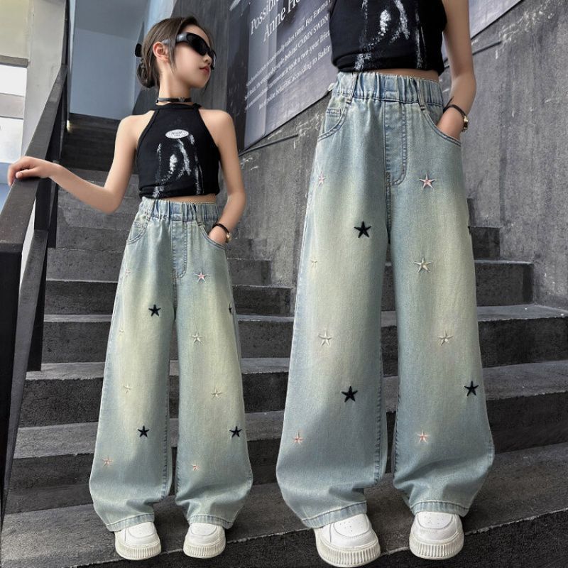 女の子のワークジーンズ春と秋の新しい工場子供服卸売中型および大型子供用ストレートレッグルーズワイドレッグ子供用ズボン|undefined