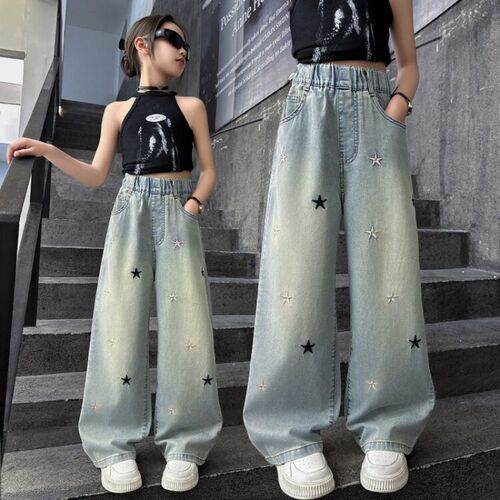 Children's Workwear Jeans Spring and Autumn New Factory Children's Clothing Wholesale Big and Middle Children Straight Leg Loose Wide Leg Children's Pants