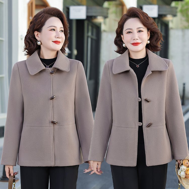 妈妈装仿双面呢短款外套女秋装中老年女西装领高档毛呢格子开衫|undefined