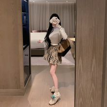 英伦格纹百褶裙短裙女秋冬学院风韩版显瘦百搭复古毛呢a字半身裙