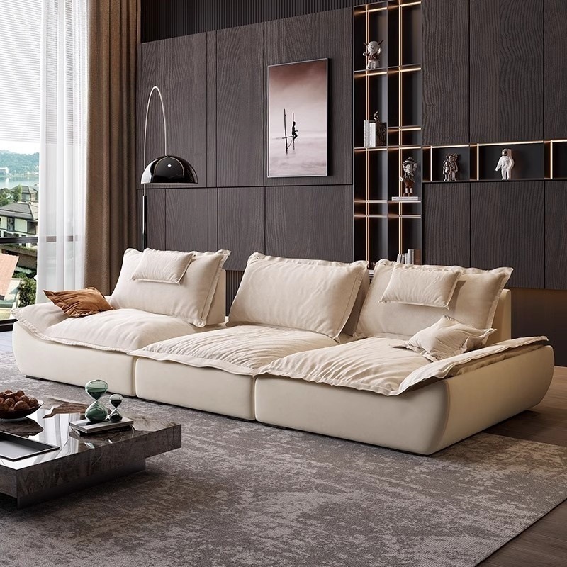 Continuación, estilo italiano, minimalista, súper ancho, gran profundidad de asiento, respaldo ajustable, vela, sofá de cuero de tela en línea recta simple moderno