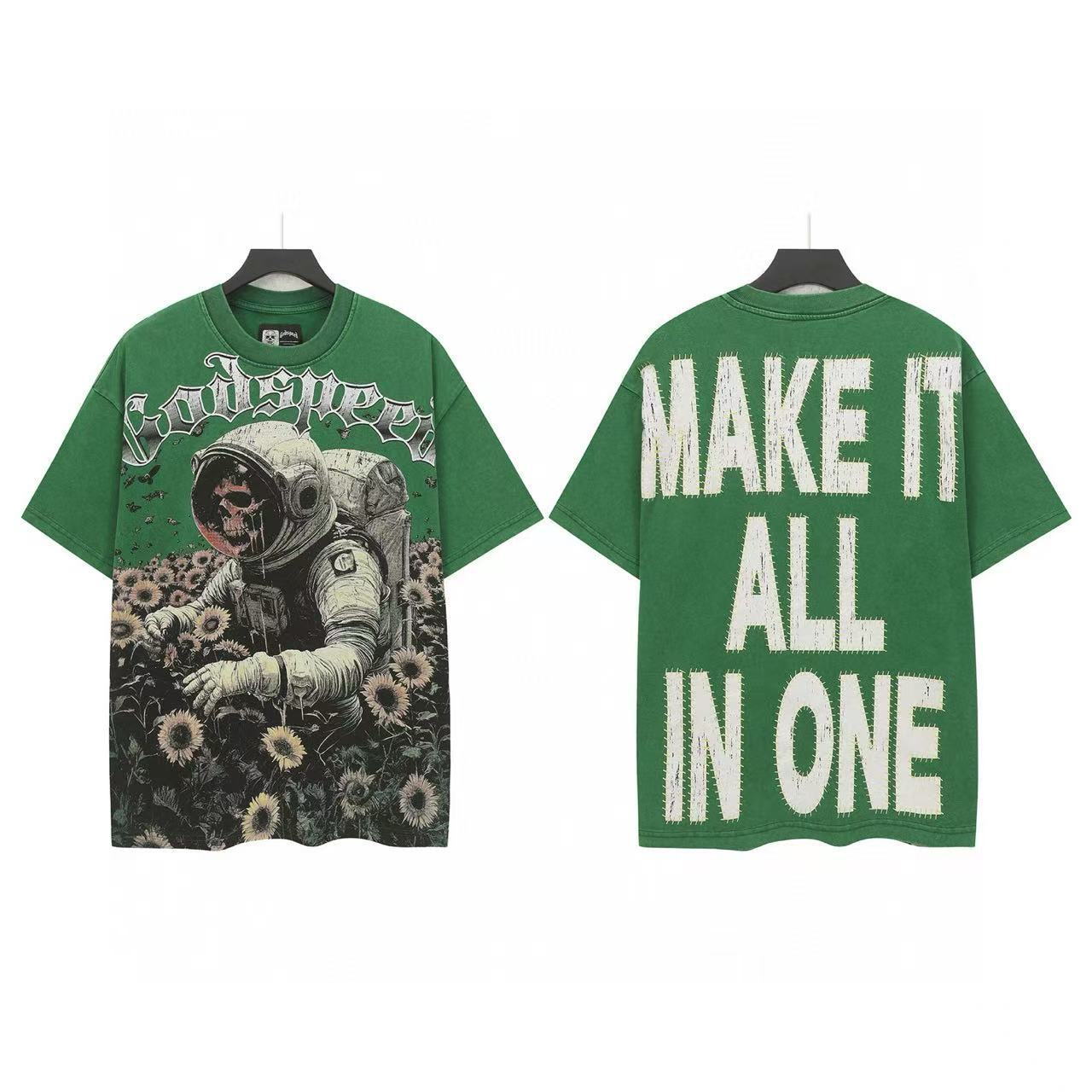 Godspeed T-shirt Astronaut Skull Sunflowers Green