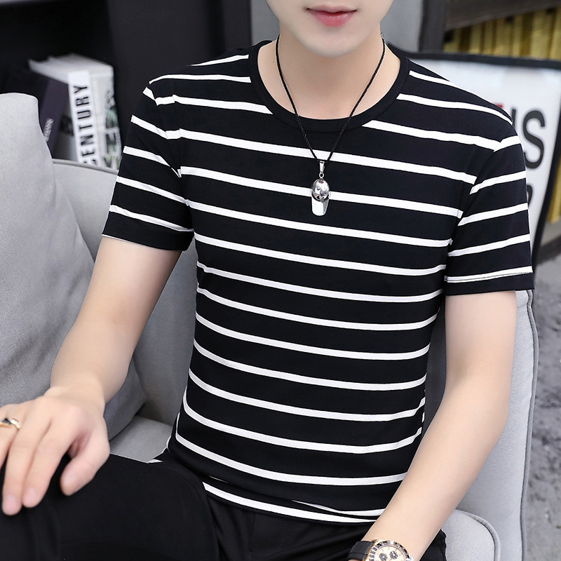Short-Sleeved T-Shirt for Men 2026 New Style 95 Cotton Black and White Stripesd Slim-Fitting Half-Sleeved Round Neck Summer Trendy Top Trendy Brand Short-Sleeved T-Shirt for Men 2026 New Style 95 Cotton Black and White Stripesd Slim-Fitting Half-Sleeved Round Neck Summer Trendy Top Trendy Brand