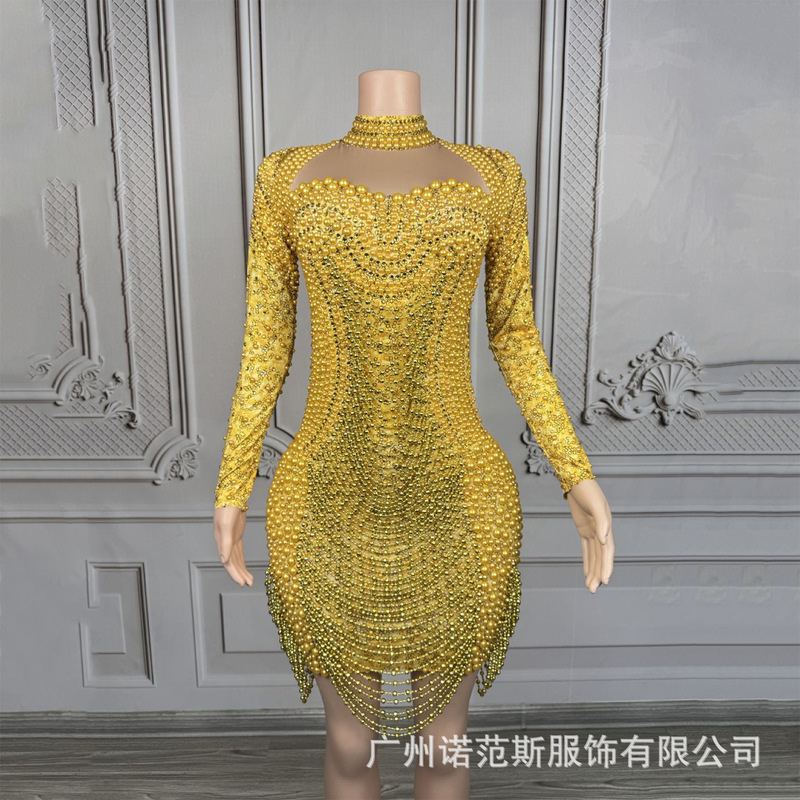 European and American Luxury Golden Elegant Waist Short Dress Celebrity Cocktail Party Evening Dress Super Heavy-Duty Classy Dress