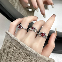 红色宝石本命年高级感小众设计叠戴戒指开口法式不规则液态指环女