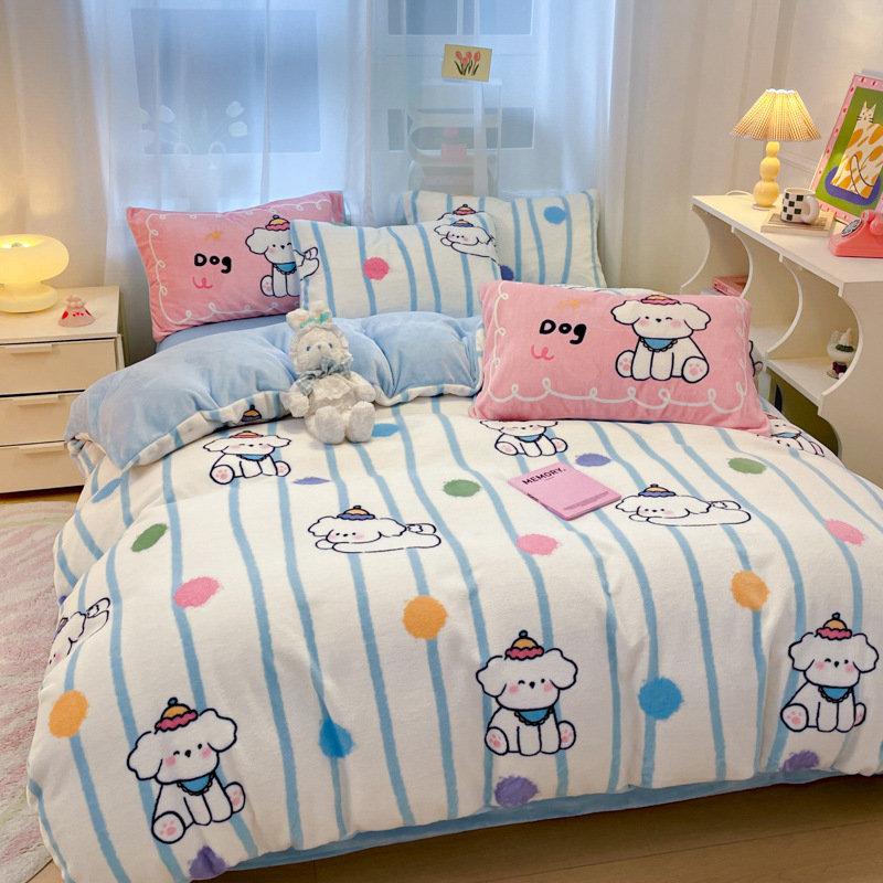 Otoño y invierno leche de seda de dopamina cama de cuatro piezas de seda de coral dormitorio flange sábanas de seda de tres piezas