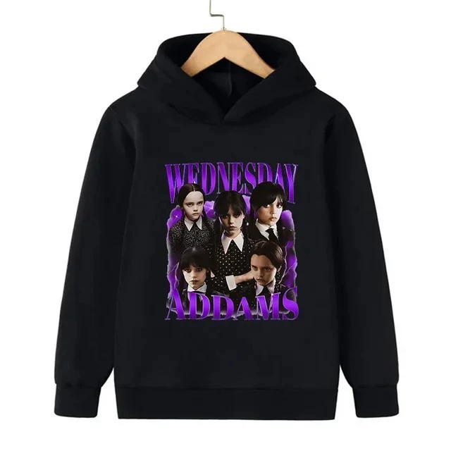 Горячая продажа товаров из Европы и Америки. Детская толстовка с капюшоном Wednesday Addams, цельная, с принтом, доставка.