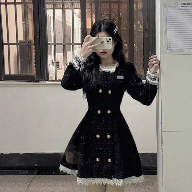 法式小香风格纹连衣裙女秋冬新款富家千金复古高级感收腰显瘦裙子|undefined