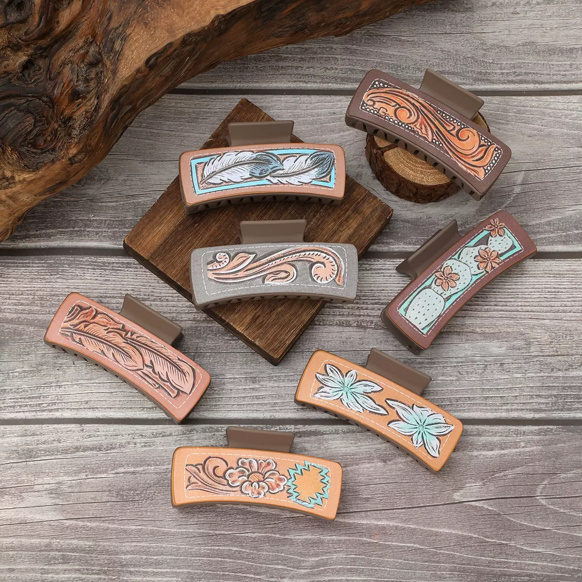 跨境西部风仙人掌羽毛花朵图案印刷鲨鱼夹发夹女士抓夹速卖通亚马