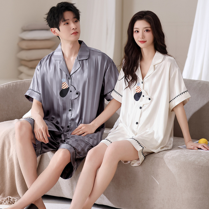 Ice Silk Couple Pajamas, Summer Thin Short-Sleeved Shorts, Cardigan, Cartoon Cute, Can Be Worn Outside, Home Clothes, Men's and Women's Suits Ice Silk Couple Pajamas, Summer Thin Short-Sleeved Shorts, Cardigan, Cartoon Cute, Can Be Worn Outside, Home Clothes, Men's and Women's Suits
