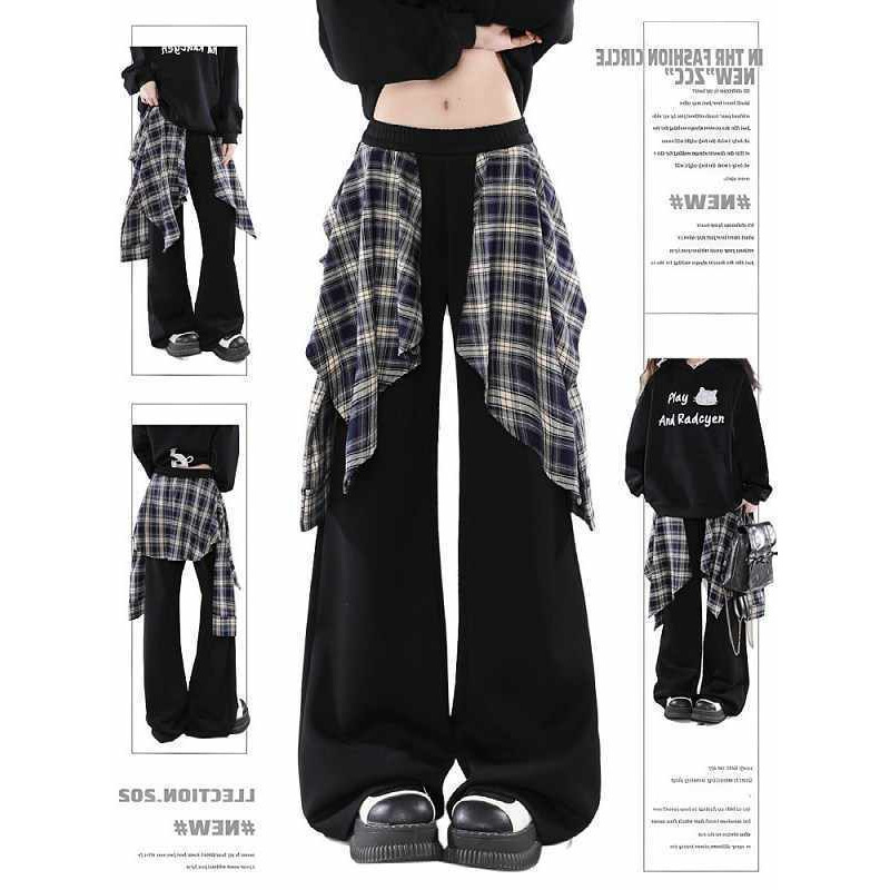 New American Street Style Fake Two-Piece Spliced ​​Skirt Trousers Jazz Dance Sports Pants Women's Wide-Leg Loose Casual Pants