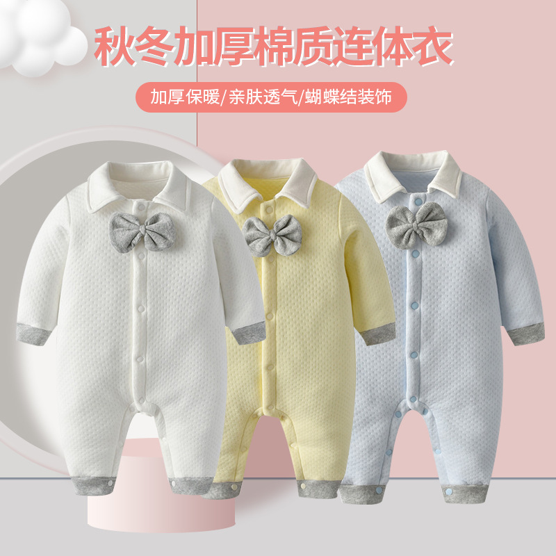 Little Gentleman's Bow-tie Lapel Solid Color Long-sleeved Harper Climbing Wear Autumn and Winter Thick Cotton Baby Jumpsuit for Baby Boys and Girls