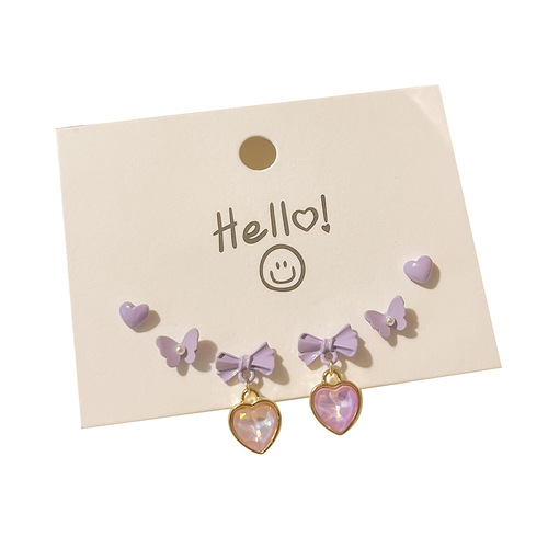 Purple Forest Silver Needle Earring Set New Girl Student Sweet Girly Heart Versatile Earrings Small Love Earrings