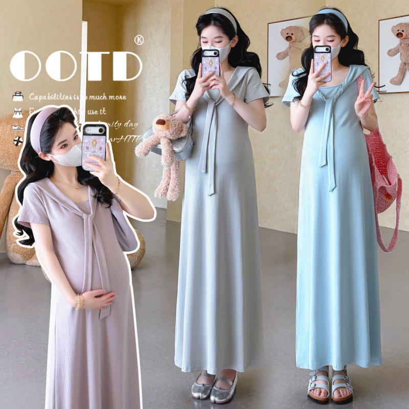 Summer New Style Maternity Scarf Collar Faux Two-Piece Shawl Square Collar Slimming and Flattering Ice-Cool Dress