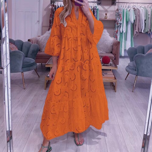 2025 European and American Summer and Autumn French V-neck Bell Sleeve Lace Hollowout Solid Color Sexy Long Dress for Women