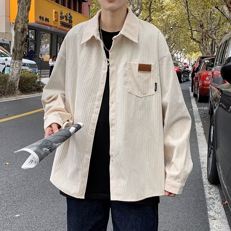 Casual primavera y verano nuevo estilo waffle camisa de manga larga estilo de Hong Kong para hombre cec marca de moda suelta y hermosa chaqueta de camisa etiquetada