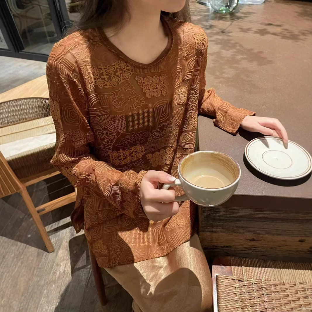 (2개) 2024 년 초가을 새로운 기질 실크 깃털 자수 톱 티셔츠 하이 퀄리티 뽕나무 실크 긴팔 여성용 셔츠