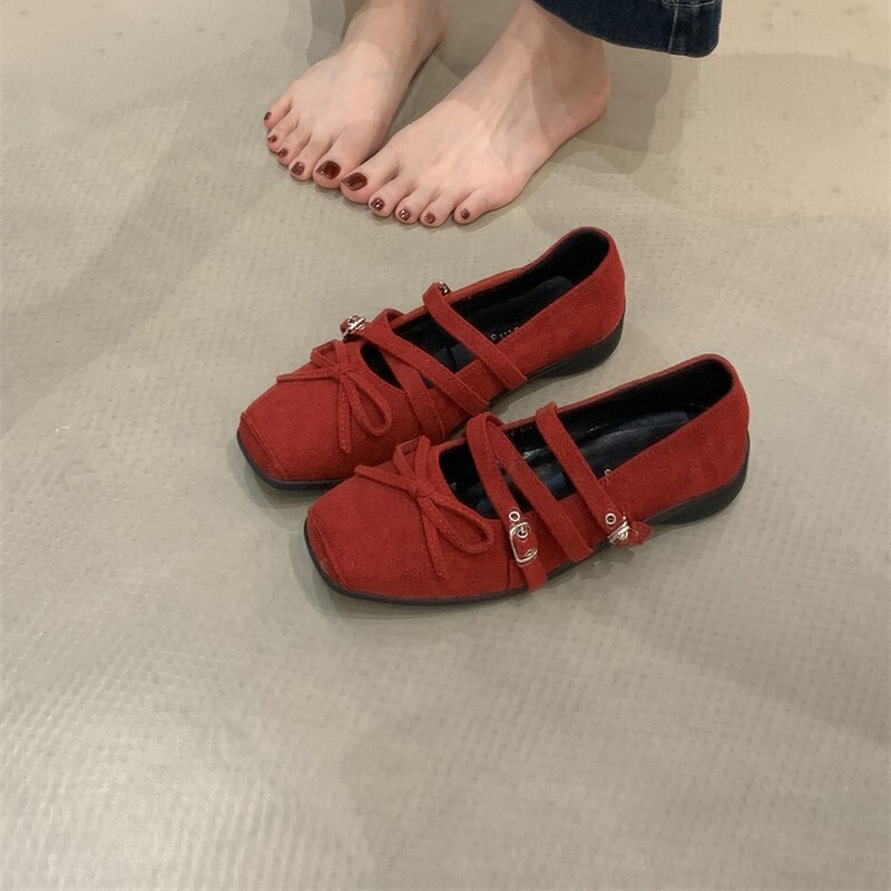 Red Bow Flats for Women 2025 New Style Genuine Leather Retro Ballet Shoes Elegant Cross Strap Mary Jane Shoes for Women